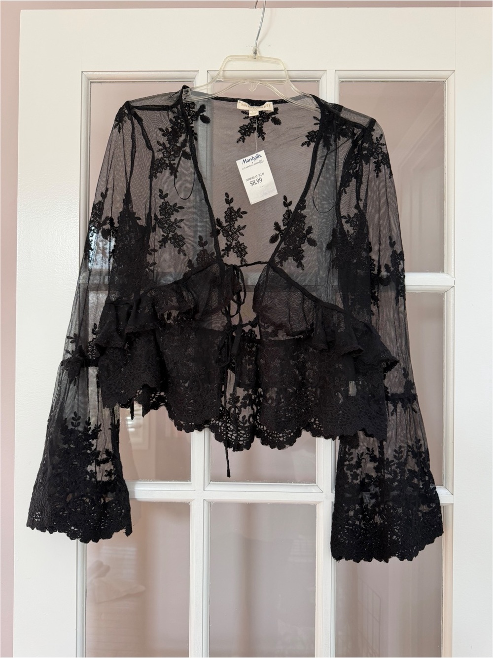 Thirty Thirty Black Sheer Lace Ruffle Tie Front Blouse - NWT
